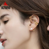 925 Silver Plated Willow Leaves Ear Clip Ear Studs Pearls Stud Earrings Women