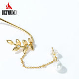 925 Silver Plated Willow Leaves Ear Clip Ear Studs Pearls Stud Earrings Women