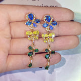 925 Silver Colorful Flowers Butterfly Crystal Long Earrings