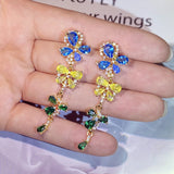 925 Silver Colorful Flowers Butterfly Crystal Long Earrings