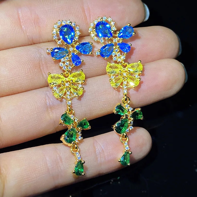925 Silver Colorful Flowers Butterfly Crystal Long Earrings