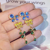 925 Silver Colorful Flowers Butterfly Crystal Long Earrings