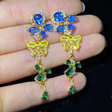 925 Silver Colorful Flowers Butterfly Crystal Long Earrings