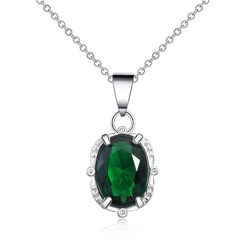 925 Silver Green CZ Oval Pendant Necklace for Women