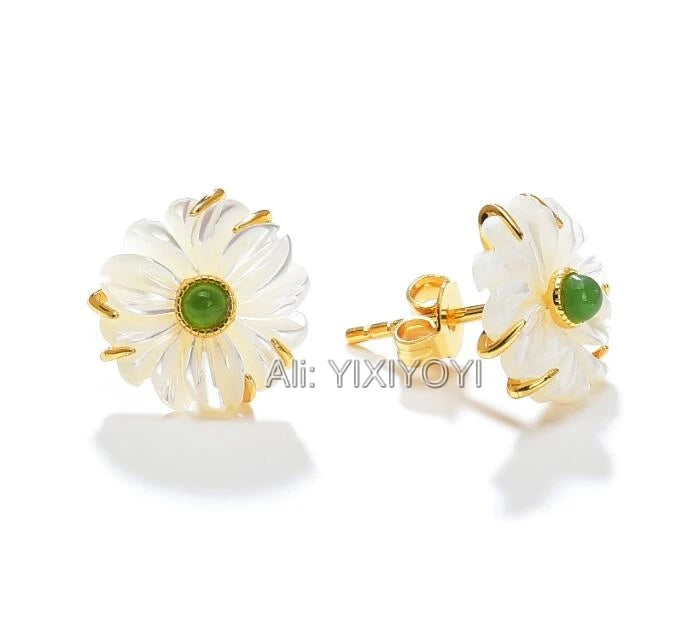 925 Silver Green Hetian Jade Beads Shell Stud Earrings Lucky Gift Jewelry