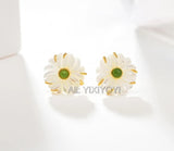 925 Silver Green Hetian Jade Beads Shell Stud Earrings Lucky Gift Jewelry