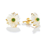 925 Silver Green Hetian Jade Beads Shell Stud Earrings Lucky Gift Jewelry