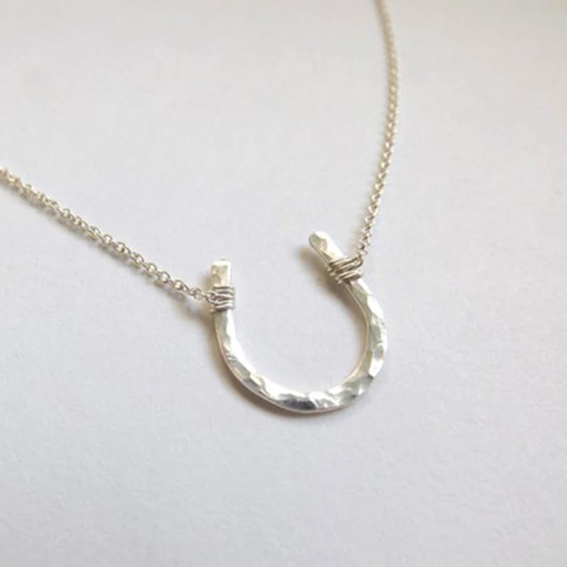 925 Silver Hammered Letter U Pendant Horseshoe Necklaces Filled Choker Kolye