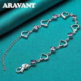 925 Silver Heart Amethyst Charm Bracelet Women Wedding Jewelry
