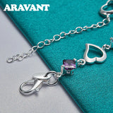 925 Silver Heart Amethyst Charm Bracelet Women Wedding Jewelry