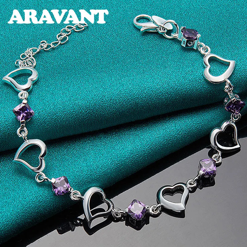 925 Silver Heart Amethyst Charm Bracelet Women Wedding Jewelry