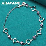925 Silver Heart Amethyst Charm Bracelet Women Wedding Jewelry
