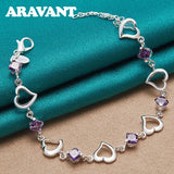 925 Silver Heart Amethyst Charm Bracelet Women Wedding Jewelry