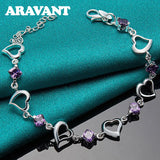 925 Silver Heart Amethyst Charm Bracelet Women Wedding Jewelry