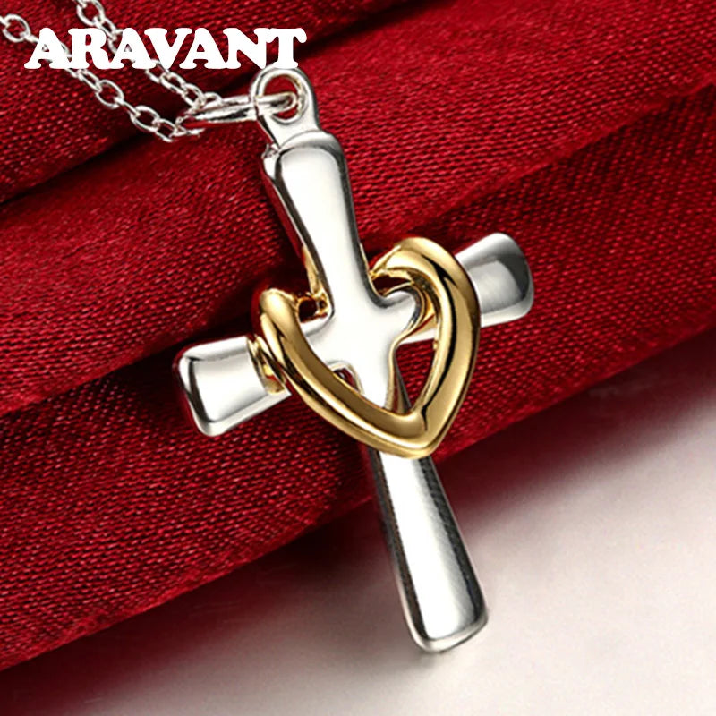 925 Silver Heart Cross Pendant Necklace Women Men Jewelry