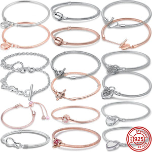 925 Silver Heart T-Bar Infinity Knot Lock Clasp Snake Chain Bracelet