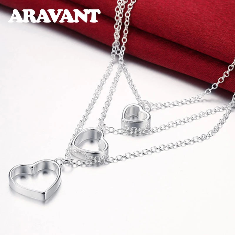 925 Silver Heart Triple Layer Chain Necklaces For Women Wedding Jewelry