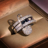 925 Silver Wide Finger Rings Set for Women with Cubic Zirconia - Party Accessory