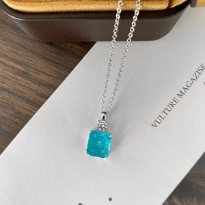 925 Silver Simulated Emerald Pendant Chain Vintage Paraiba Necklace