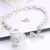 925 Silver Heart Key Bracelet Crystal CZ Women Wedding Jewelry