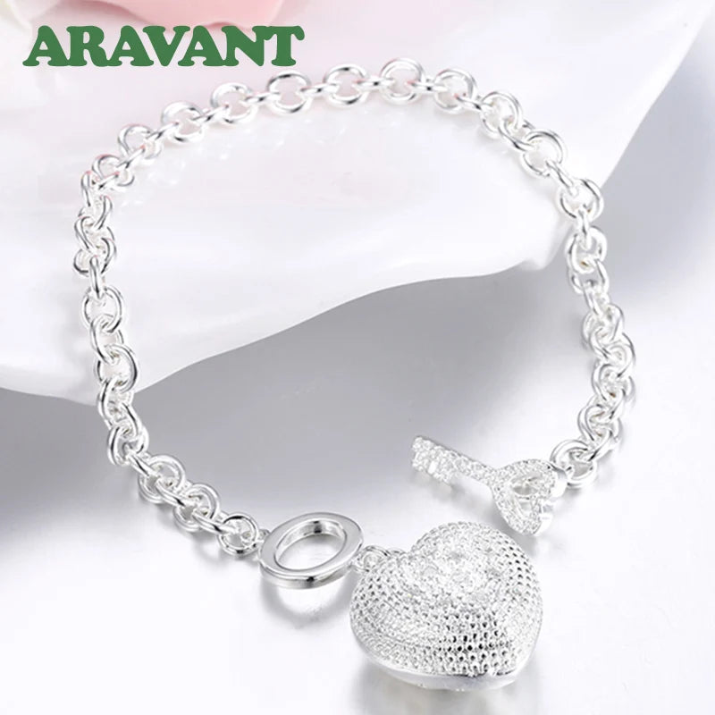 925 Silver Heart Key Bracelet Crystal CZ Women Wedding Jewelry