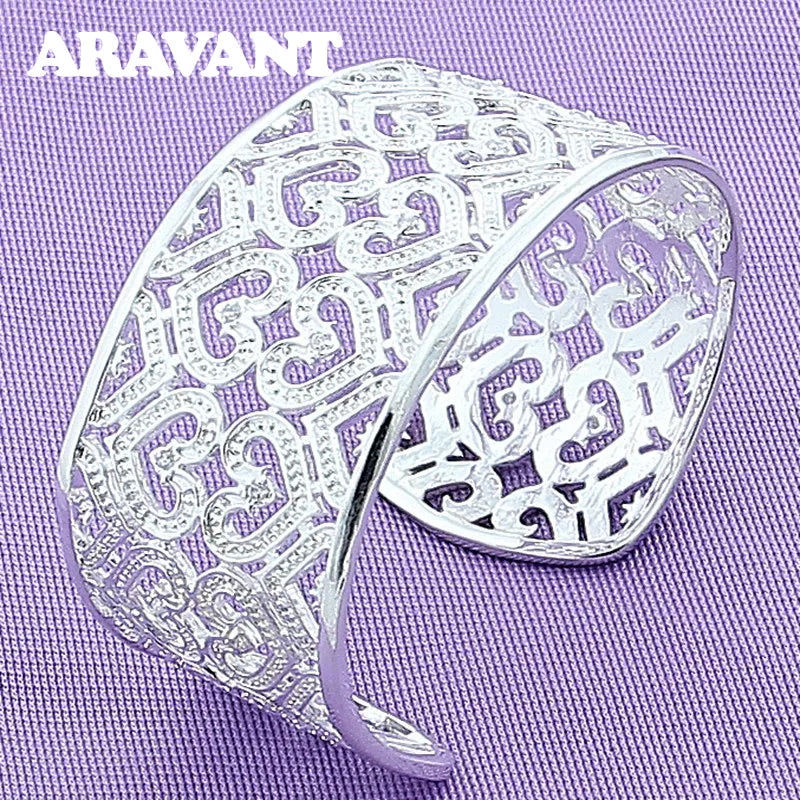 925 Silver Crystal Zircon Heart Cuff Bangles Women Jewelry