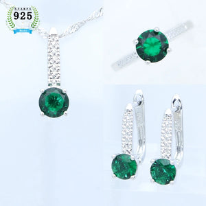 925 Silver Natural Green Emerald Jewelry Set: Ring, Earrings, Pendant, Necklace