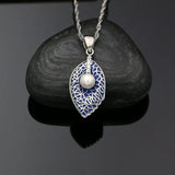 925 Silver Jewelry Set Enamel Pearl Leaf Pendant Necklace Earrings Ring
