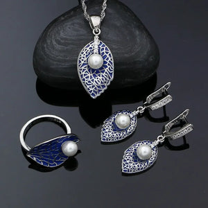 925 Silver Jewelry Set Enamel Pearl Leaf Pendant Necklace Earrings Ring