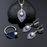 925 Silver Jewelry Set Enamel Pearl Leaf Pendant Necklace Earrings Ring