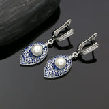 925 Silver Jewelry Set Enamel Pearl Leaf Pendant Necklace Earrings Ring