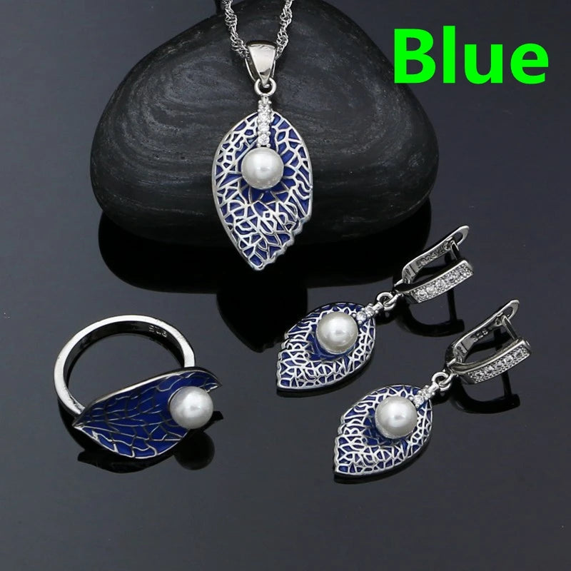 925 Silver Jewelry Set Enamel Pearl Leaf Pendant Necklace Earrings Ring
