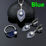 925 Silver Jewelry Set Enamel Pearl Leaf Pendant Necklace Earrings Ring