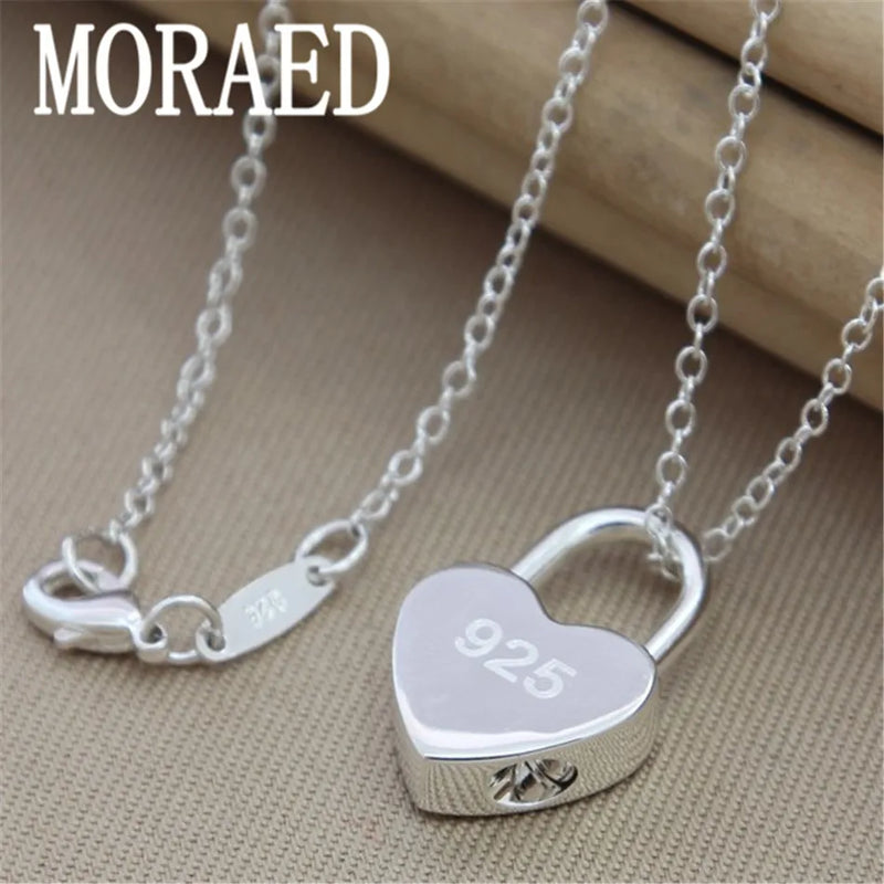 925 Silver Heart Lock Pendant Necklace 18 Inch Silver Chain Women Wedding Gift