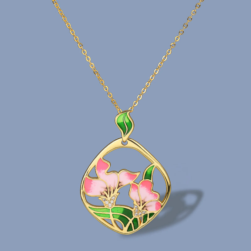 925 Silver Pink Flowers Pendant Necklace Pink Epoxy Enamel Jewelry