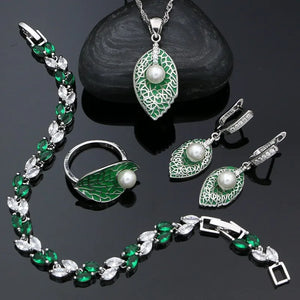 925 Silver Leaf Pearl Jewelry Set Green Enamel Zircon Bracelet