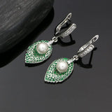 925 Silver Leaf Pearl Jewelry Set Green Enamel Zircon Bracelet