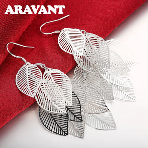 925 Silver Leaves Long Drop Earrings For Women