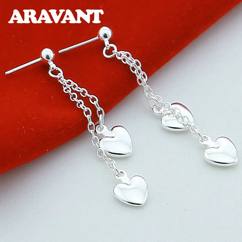 925 Silver Heart Tassel Long Chain Earrings Women Party Jewelry