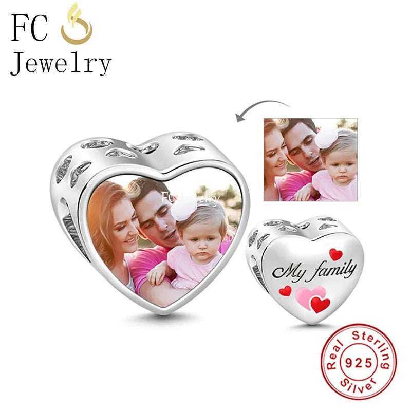 925 Silver Family Love Enamel Heart Photo Bead for Pan Charms Bracelet