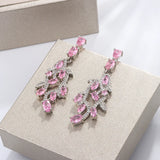 925 Silver Pink Zirconia Leaf Earrings Romantic Wedding Dangle Jewelry