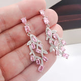 925 Silver Pink Zirconia Leaf Earrings Romantic Wedding Dangle Jewelry