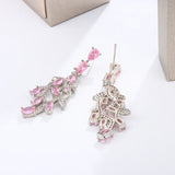 925 Silver Pink Zirconia Leaf Earrings Romantic Wedding Dangle Jewelry