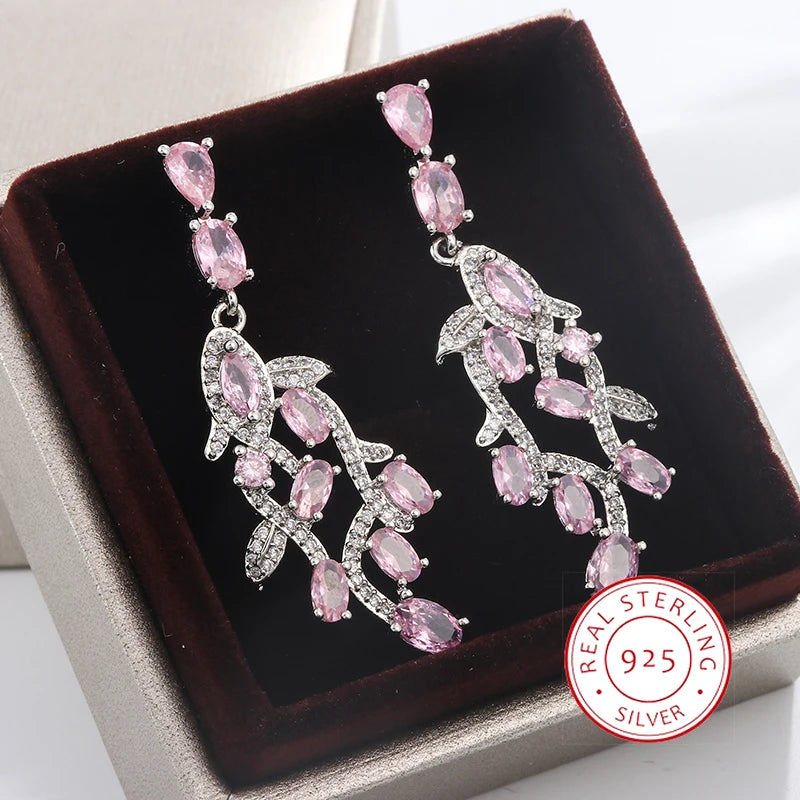 925 Silver Pink Zirconia Leaf Earrings Romantic Wedding Dangle Jewelry