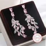 925 Silver Pink Zirconia Leaf Earrings Romantic Wedding Dangle Jewelry