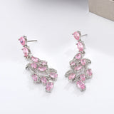 925 Silver Pink Zirconia Leaf Earrings Romantic Wedding Dangle Jewelry