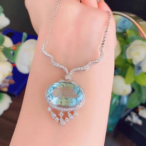 925 Silver Sea Zircon Tassel Pendant Necklace for Women