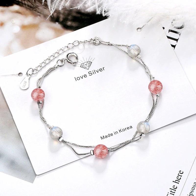 Moonstone & Pink Crystal Bracelet Women Jewelry