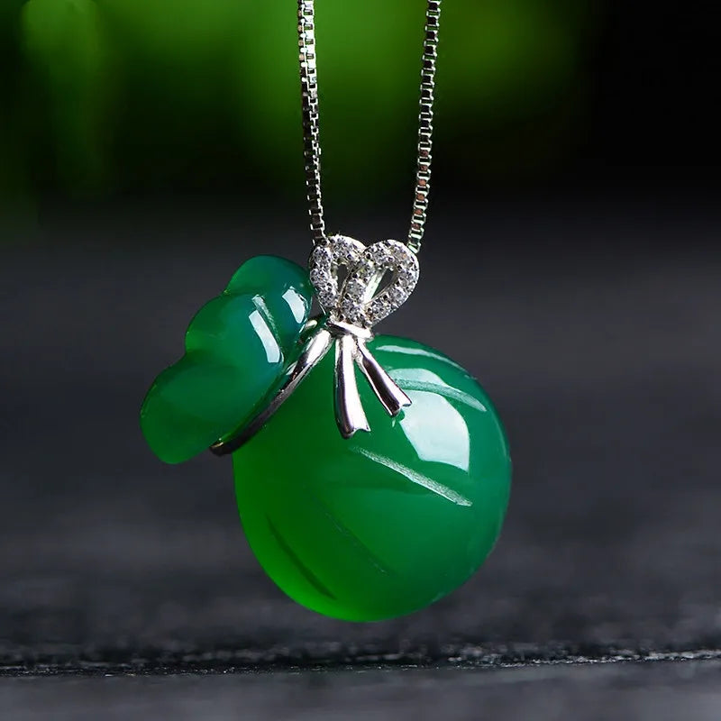 925 Silver Green Jade Agate Blessing Bag Pendant Necklace