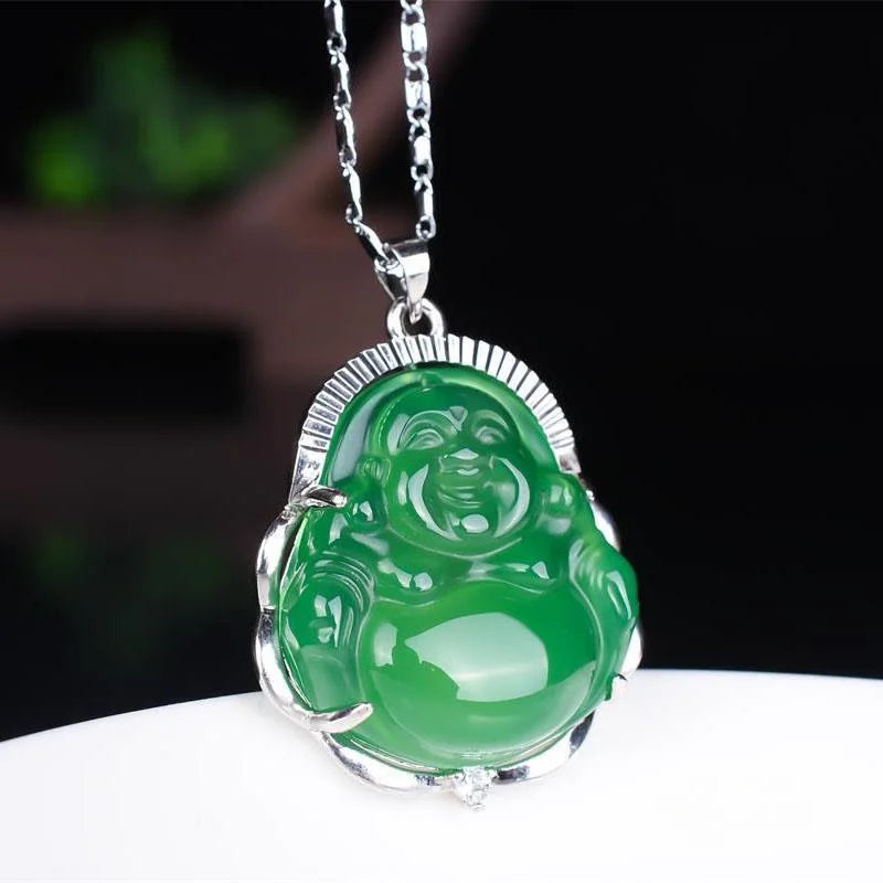 925 Silver Chalcedony Green Jade Agate Buddha Pendant Necklace Charm